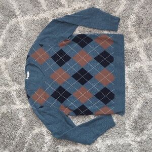 J Crew XL lambs wool v neck sweater blue and brown diamond argyle style